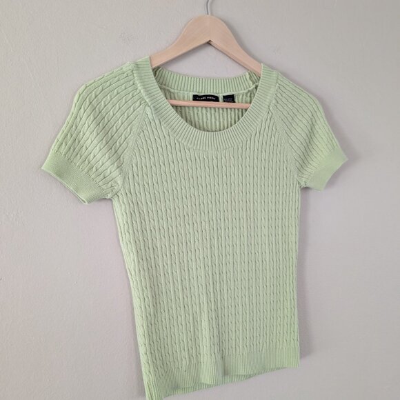 Jeanne Pierre Pistachio Green Short Sleeve Cable Knit Sweater Preppy Twee Size S - Picture 2 of 6